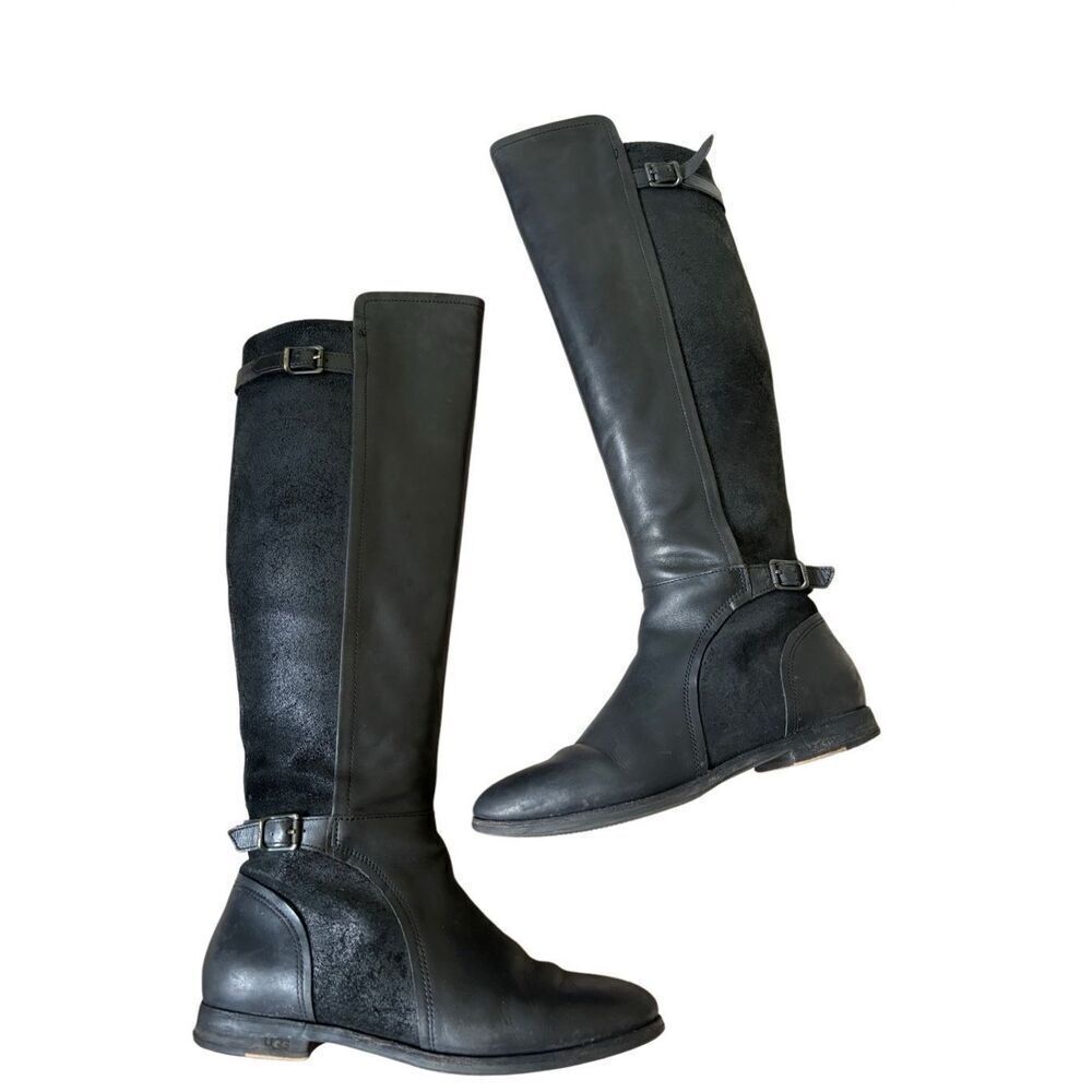 UGG Danae Genuine Shearling Tall Black Leather Riding Boots size 7.5